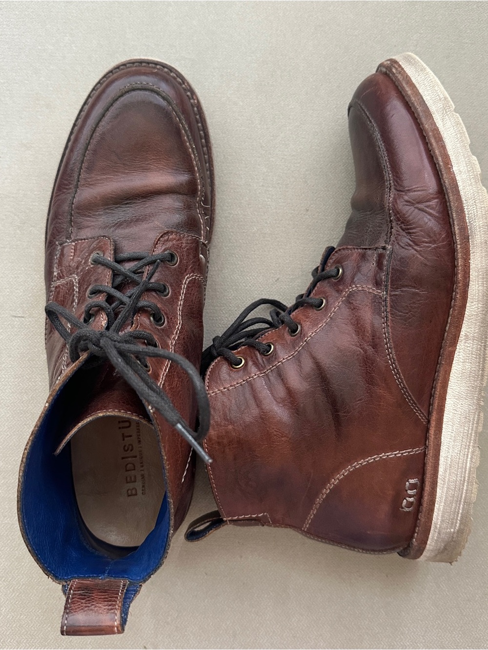BED|STU Men's Chestnut Brown Leather Lace-Up Boots with Cream Sole